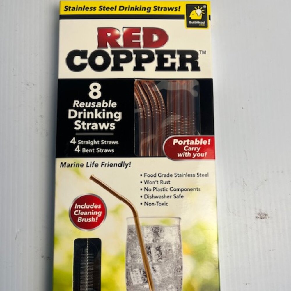 Red Copper Stainless Steel Reusable Drinking Straws (8 total) New